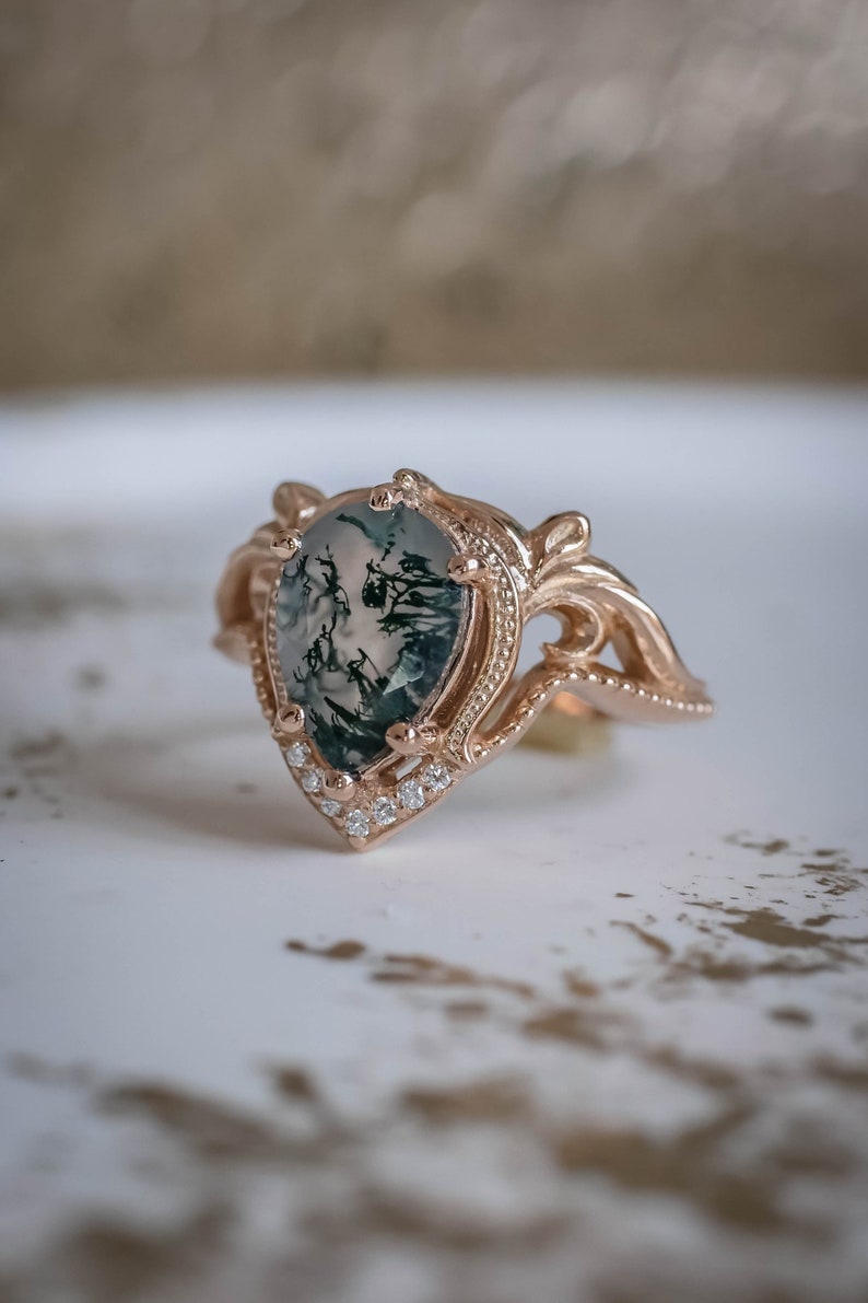 Pear cut Natural Moss agate Ring Set, Alternative Elvish Engagement Rings, Twig Engagement Ring & Wedding Ring Enhancer, 14K or 18k Gold image 10