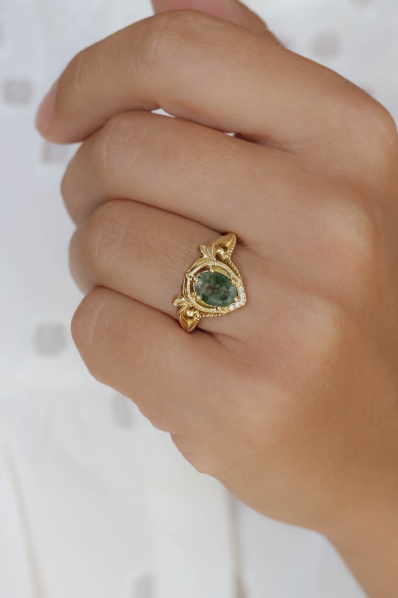 READY TO SHIP, Size 7 Us, Green Moss agate Engagement Ring & Leafy Vine Wedding Band, Elvish Nature Inspired Oval shaped Engagement Ring Set image 8