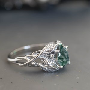 Natural Moss Agate Ring 14K or 18k Gold, Elvish Leaves Engagement Ring, Forest Green Gemstone Ring, Unique Promise Ring for Women image 10