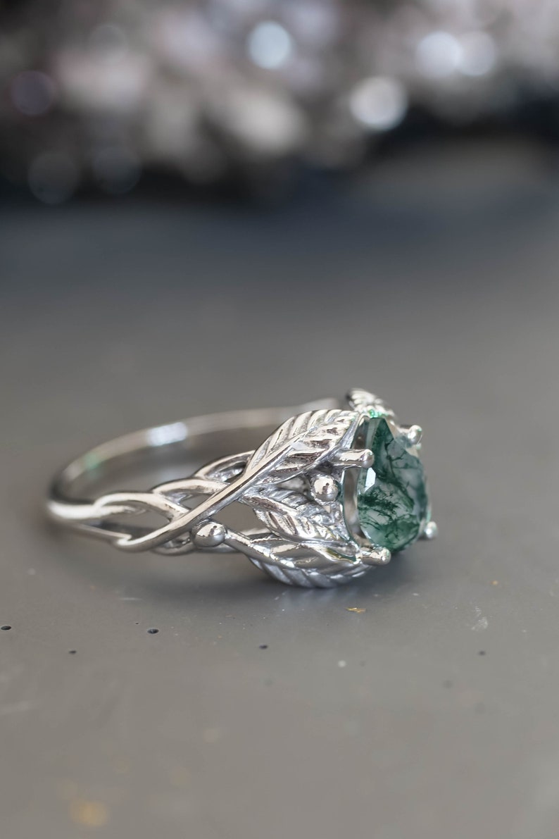 Natural Moss Agate Ring 14K or 18k Gold, Elvish Leaves Engagement Ring, Forest Green Gemstone Ring, Unique Promise Ring for Women image 10