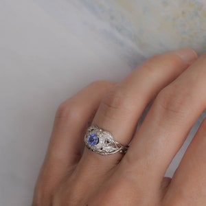 Sapphire Engagement Ring with Diamond Halo, White Gold Leaf Ring, Nature Inspired Ring, Leaf engagement ring, Light Blue Sapphire Ring image 7