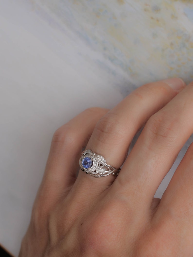 Sapphire Engagement Ring with Diamond Halo, White Gold Leaf Ring, Nature Inspired Ring, Leaf engagement ring, Light Blue Sapphire Ring image 7