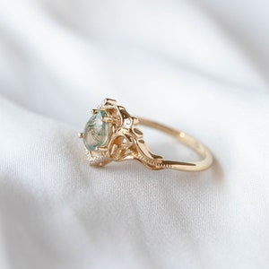 Elvish Engagement Ring Moss Agate Ring with Real Diamonds or Moissanites, Vintage inspired engagement 14k or 18K Gold, Fantasy Engagement image 9