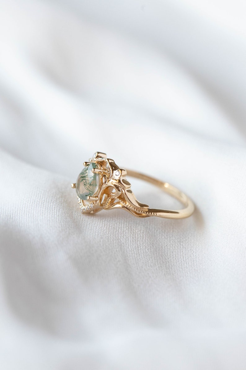 Elvish Engagement Ring Moss Agate Ring with Real Diamonds or Moissanites, Vintage inspired engagement 14k or 18K Gold, Fantasy Engagement image 9