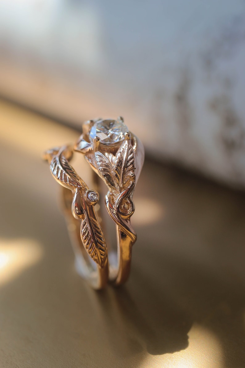 Leaf bridal ring set, engagement ring, moissanite ring, twig wedding band, branch ring, gold leaves ring, stacking rings set imagem 6