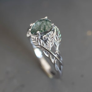 Natural Moss Agate Ring 14K or 18k Gold, Elvish Leaves Engagement Ring, Forest Green Gemstone Ring, Unique Promise Ring for Women image 6