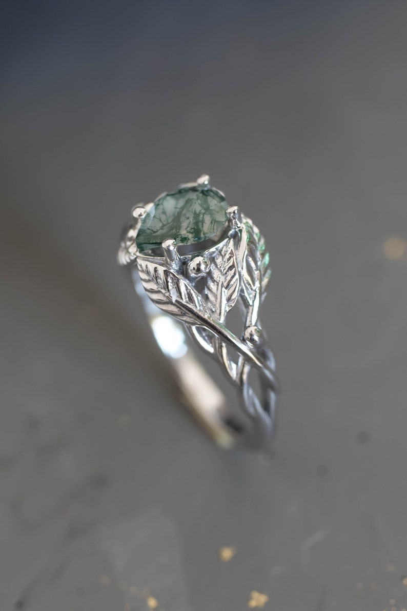 Natural Moss Agate Ring 14K or 18k Gold, Elvish Leaves Engagement Ring, Forest Green Gemstone Ring, Unique Promise Ring for Women image 6