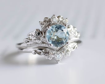 1 Carat Natural Aquamarine Ring Set, Nature inspired Bridal Ring Set - Ivy leaves Engagement Ring and Curved Wedding Band in 14k or 18k Gold