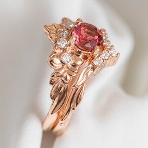 Pink Tourmaline Engagement Ring, Nature inspired Diamond Crown ring, 14k or 18k Rose Gold Nature Ring for Ethical Engagement image 7