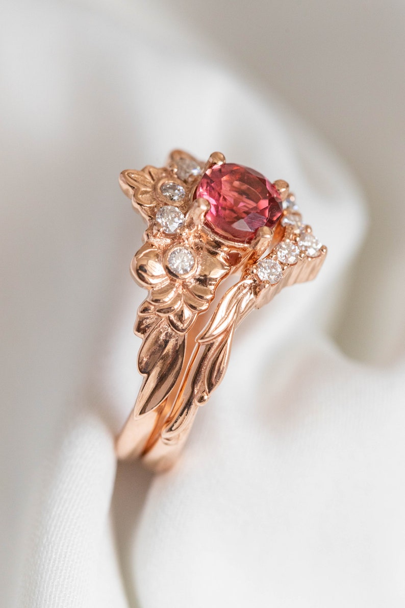 Pink Tourmaline Engagement Ring, Nature inspired Diamond Crown ring, 14k or 18k Rose Gold Nature Ring for Ethical Engagement image 7