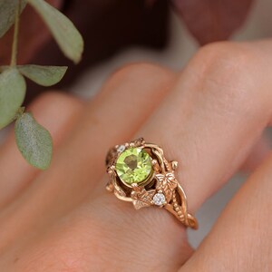 Ivy leaves engagement ring, peridot ring, nature inspired ring, gold leaf ring, elvish ring, peridot diamonds ring, fantasy engagement ring image 9