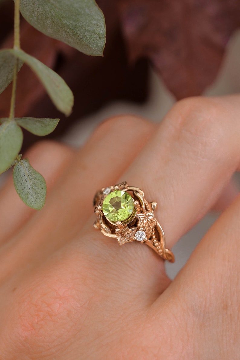 Ivy leaves engagement ring, peridot ring, nature inspired ring, gold leaf ring, elvish ring, peridot diamonds ring, fantasy engagement ring image 9