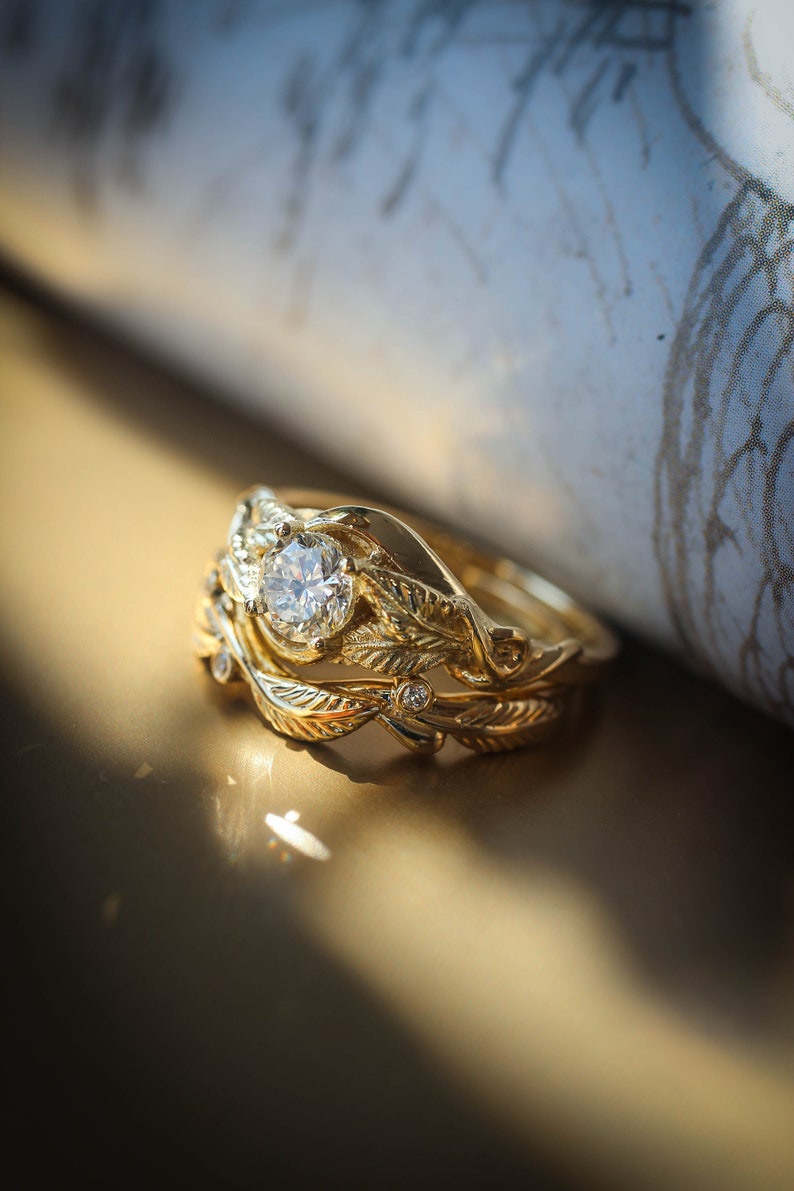 Leaf bridal ring set, engagement ring, moissanite ring, twig wedding band, branch ring, gold leaves ring, stacking rings set imagem 2