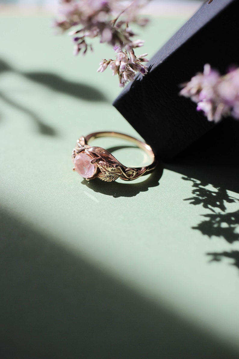 Rose quartz engagement ring, solid gold ring, leaves ring, ring for woman, unique ring, rose gold wedding band, romantic ring, nature ring image 2