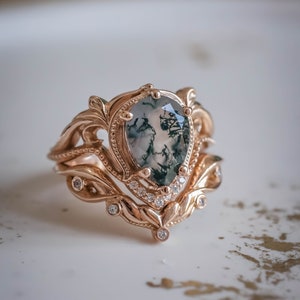 Pear cut Natural Moss agate Ring Set, Alternative Elvish Engagement Rings, Twig Engagement Ring & Wedding Ring Enhancer, 14K or 18k Gold image 2