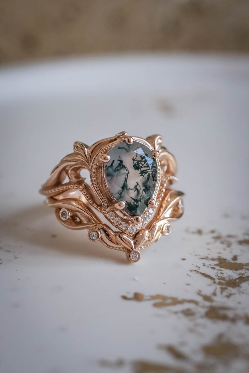 Pear cut Natural Moss agate Ring Set, Alternative Elvish Engagement Rings, Twig Engagement Ring & Wedding Ring Enhancer, 14K or 18k Gold image 2