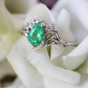 Natural emerald and diamonds ring, unique engagement ring, vintage wedding, leaves ring, moissanite ring, art nouveau ring, ring for woman image 10