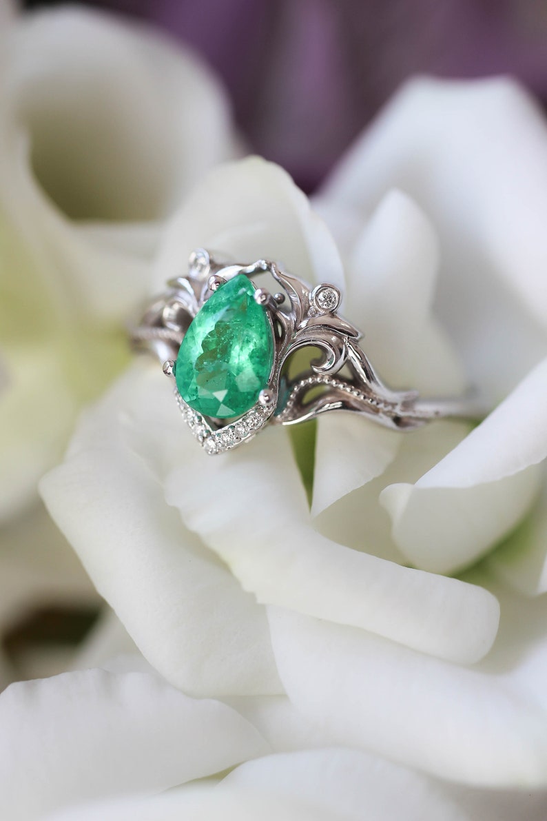 Natural emerald and diamonds ring, unique engagement ring, vintage wedding, leaves ring, moissanite ring, art nouveau ring, ring for woman image 10