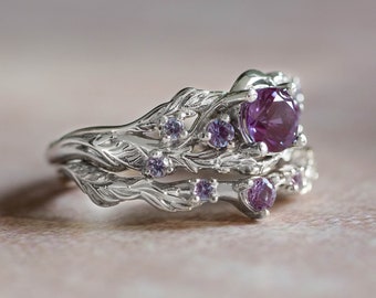 Color Changing Lab Alexandrite Engagement Ring Set, Unique Proposal Ring