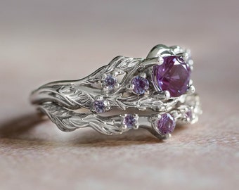 Rare Color Change Lab Alexandrite Ring Set, Branch Engagement Ring & Nature Inspired Elvish Twig Ring Two Ring Set in 14K or 18K Gold