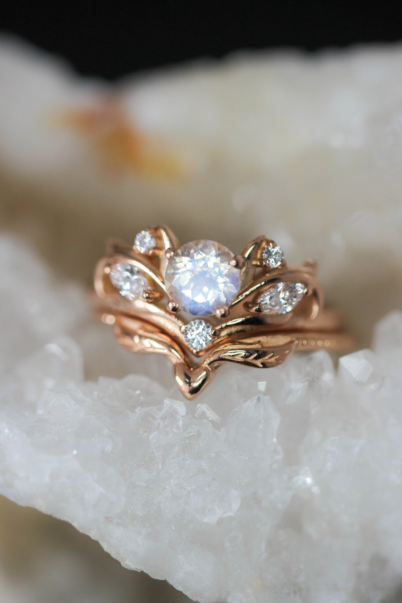 Moonstone bridal ring set, nature engagement ring, moonstone engagement ring, ring with diamonds, leaves ring, gift for her, heart ring image 7