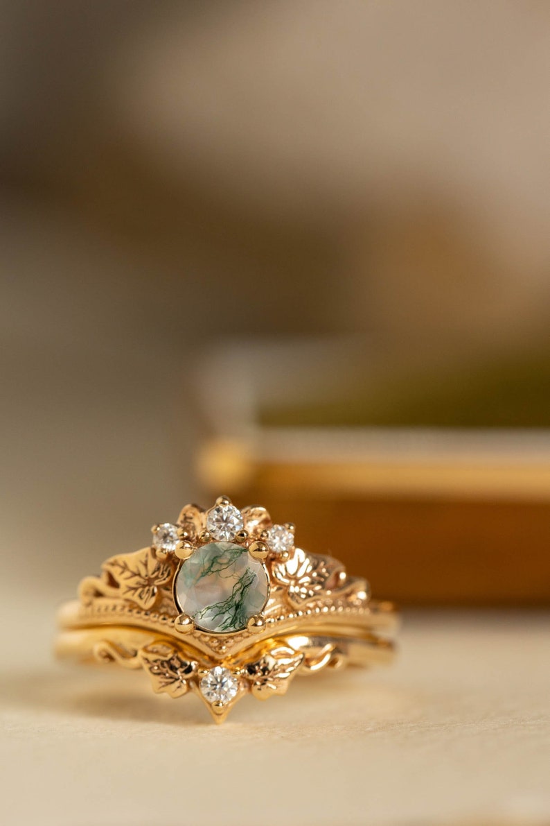 Ivy Leaf Green Moss Agate Ring Set, Leafy Elvish Engagement Ring & Matching Leaves Wedding Band with Diamond, 2pcs Bridal set 14K / 18k Gold image 8