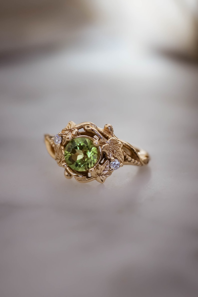 Ivy leaves engagement ring, peridot ring, nature inspired ring, gold leaf ring, elvish ring, peridot diamonds ring, fantasy engagement ring image 5