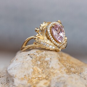Genuine Pink Sapphire Engagement ring with Diamond Halo, Nature Inspired Ring, Gold Leaves Ring, Fantasy Engagement Ring, 14K 18K Gold image 5