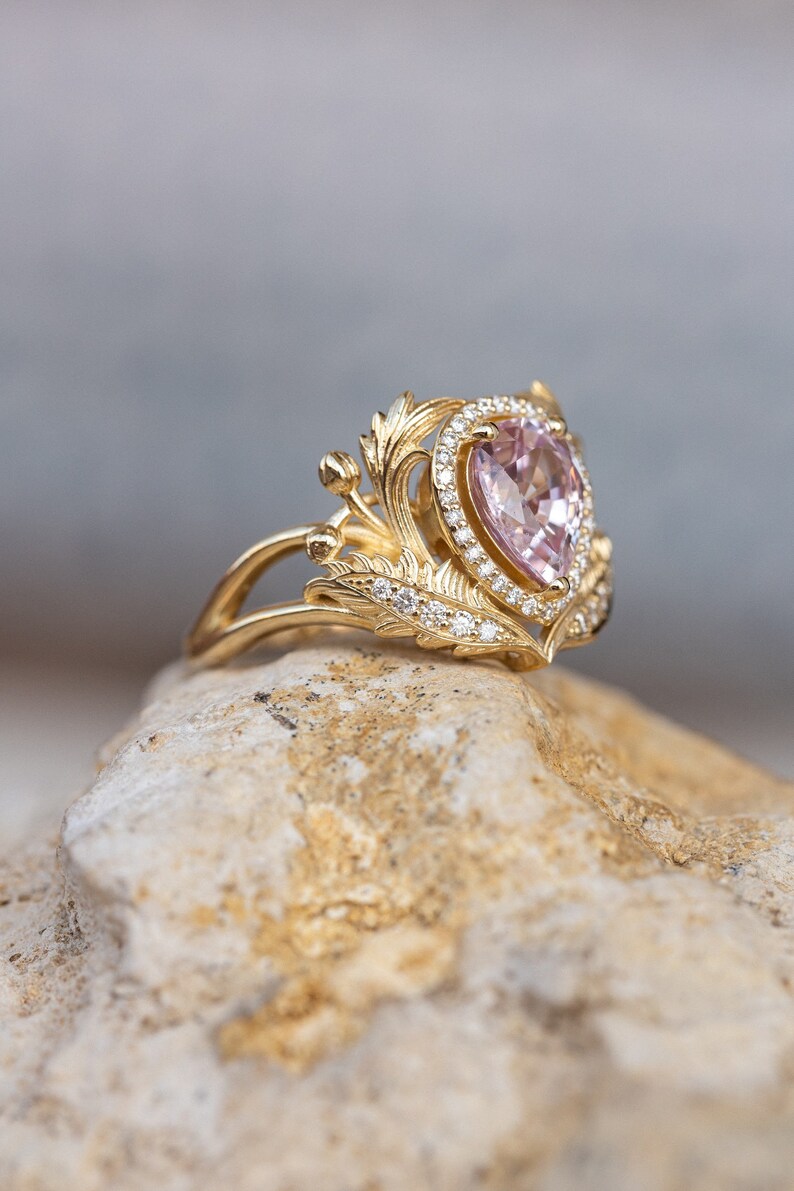 Genuine Pink Sapphire Engagement ring with Diamond Halo, Nature Inspired Ring, Gold Leaves Ring, Fantasy Engagement Ring, 14K 18K Gold image 5