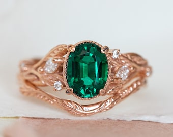 Lab Emerald and accent Diamonds Engagement Ring Set, Nature inspired Stacking Rings Set for Bride, Rose Gold Engagement Ring 14k or 18k Gold