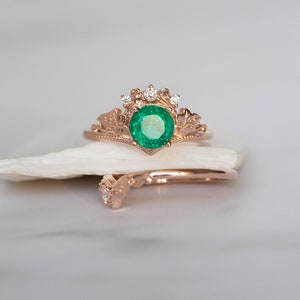 1 Carat Emerald Bridal Ring Set, Rose gold Ivy Leaves and Diamonds Engagement, Emerald Rings in 14K or 18K Gold, Fairy Bride Gold Rings image 4