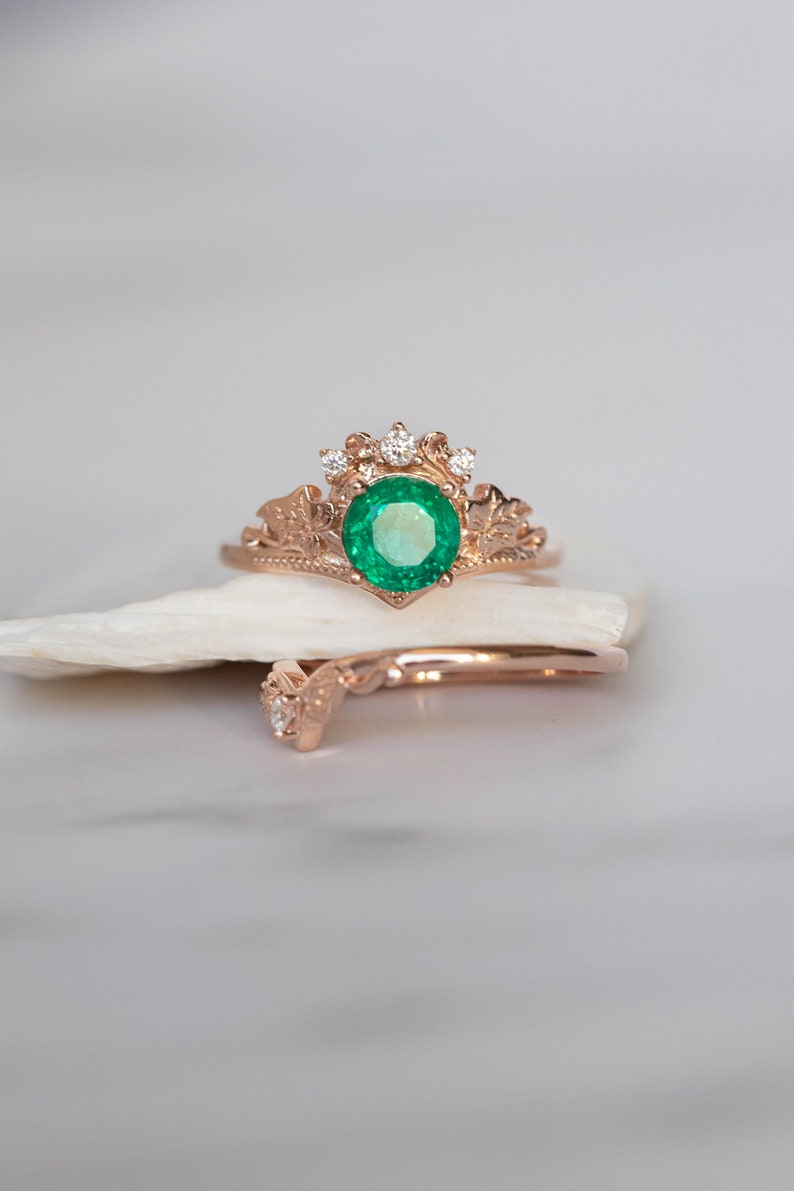 1 Carat Emerald Bridal Ring Set, Rose gold Ivy Leaves and Diamonds Engagement, Emerald Rings in 14K or 18K Gold, Fairy Bride Gold Rings image 4