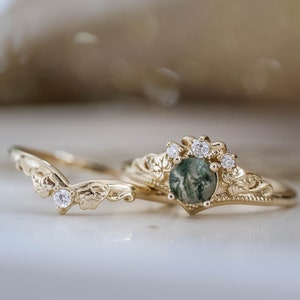 Ivy Leaf Green Moss Agate Ring Set, Leafy Elvish Engagement Ring & Matching Leaves Wedding Band with Diamond, 2pcs Bridal set 14K / 18k Gold image 4