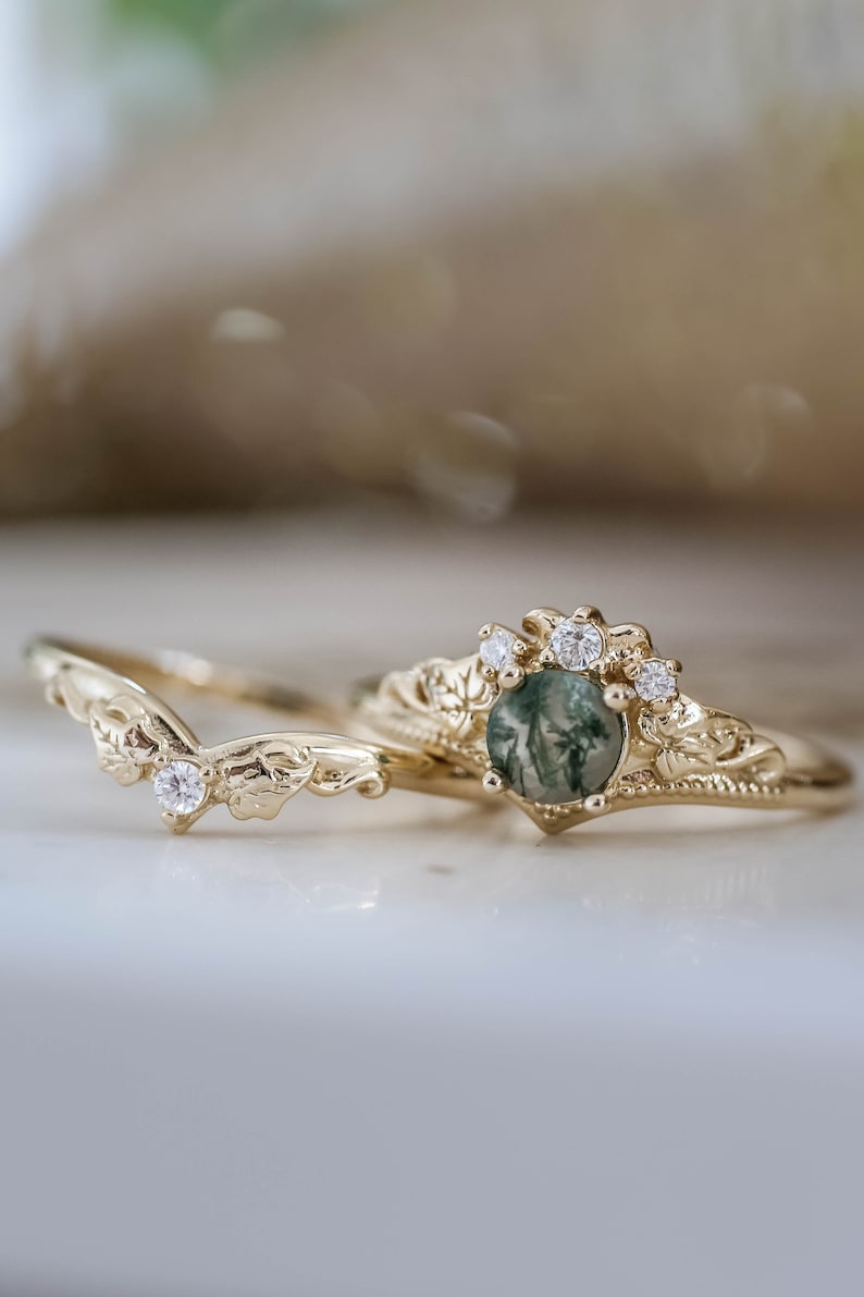 Ivy Leaf Green Moss Agate Ring Set, Leafy Elvish Engagement Ring & Matching Leaves Wedding Band with Diamond, 2pcs Bridal set 14K / 18k Gold image 4