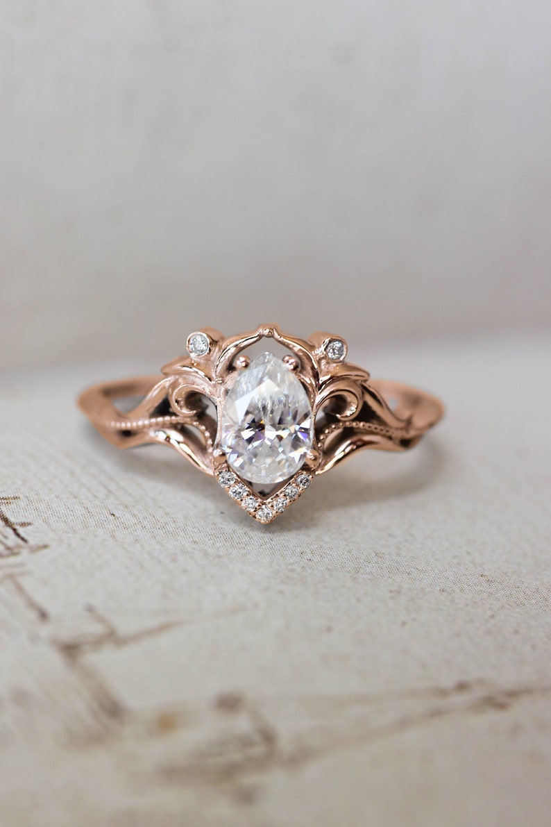 Teardrop White Sapphire Vintage inspired Engagement Ring, Elvish Engagement ring with Pear shaped White sapphire in 14K or 18K Solid Gold image 10