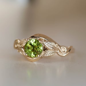 Nature inspired Peridot Engagement Ring, Fantasy Gold Leaf Ring, Elvish Engagement Proposal Ring, 0.7 ct Natural Peridot Ring