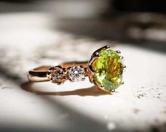 1.2 Ct Peridot Engagement Ring With Side Diamonds Dainty Flower