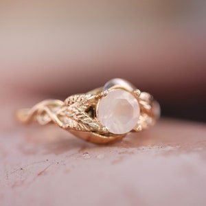 Rose quartz engagement ring, solid gold ring, leaves ring, ring for woman, unique ring, rose gold wedding band, romantic ring, nature ring image 7