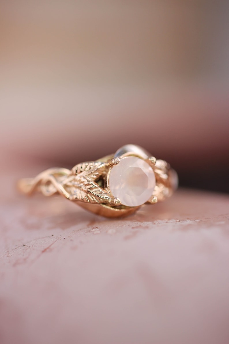 Rose quartz engagement ring, solid gold ring, leaves ring, ring for woman, unique ring, rose gold wedding band, romantic ring, nature ring image 7