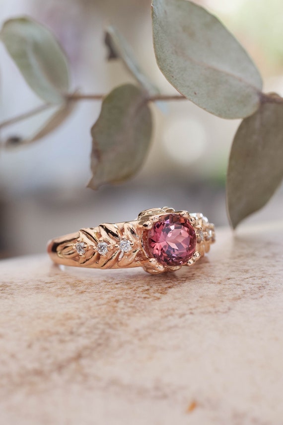 Gold Leaf Engagement Ring Pink Tourmaline Ring Nature Inspired