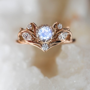 Moonstone bridal ring set, nature engagement ring, moonstone engagement ring, ring with diamonds, leaves ring, gift for her, heart ring image 6