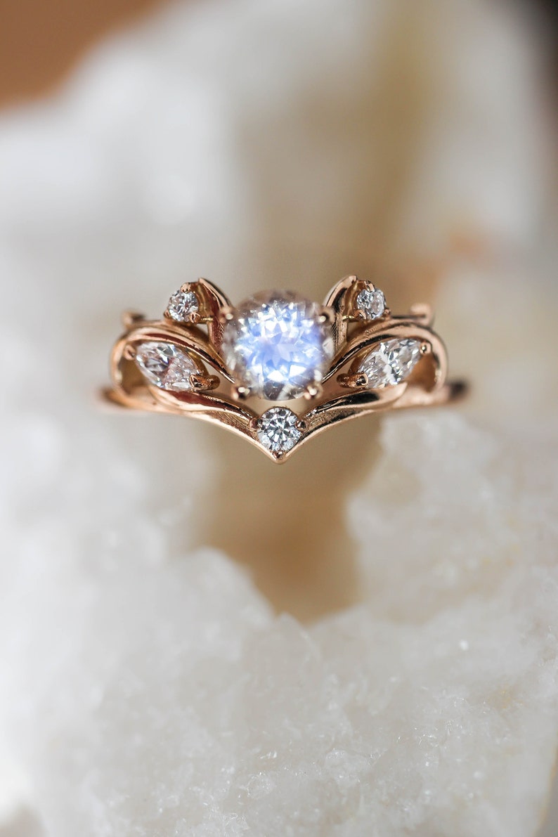 Moonstone bridal ring set, nature engagement ring, moonstone engagement ring, ring with diamonds, leaves ring, gift for her, heart ring image 6