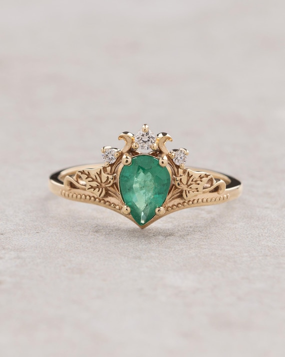 Bague Solitaire Émeraude Poire Diamants & Or Blanc - Bijou Femme