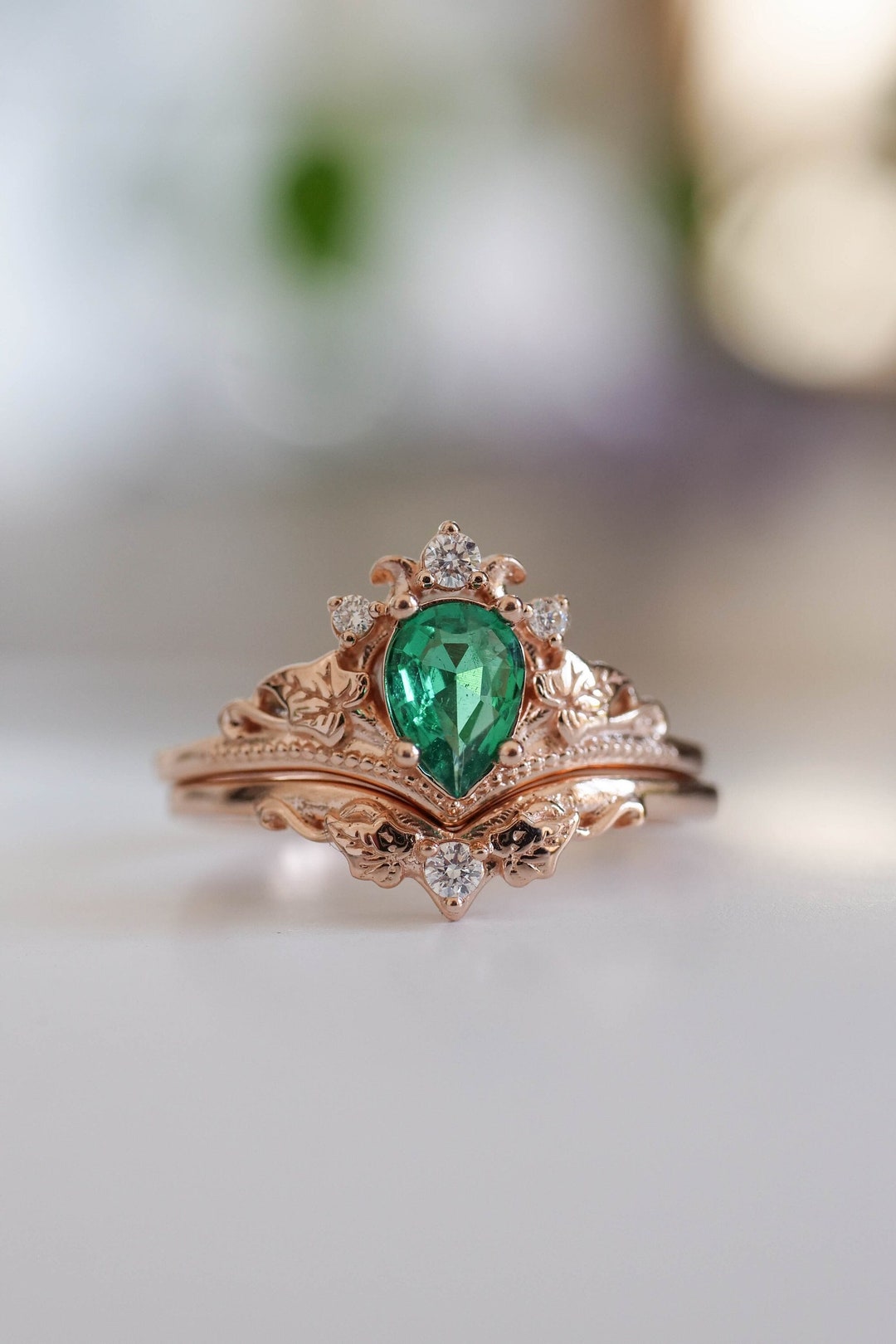 Solid Gold Emerald Vintage Inspired Ring Set Wedding Emerald - Etsy