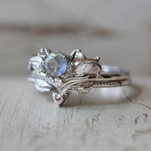 Moonstone bridal ring set, nature engagement ring, moonstone engagement ring, ring with diamonds, leaves ring, gift for her, heart ring image 9