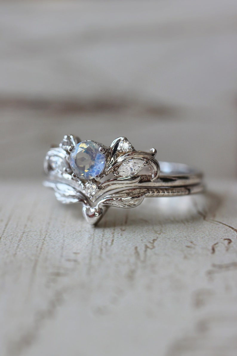 Moonstone bridal ring set, nature engagement ring, moonstone engagement ring, ring with diamonds, leaves ring, gift for her, heart ring image 9
