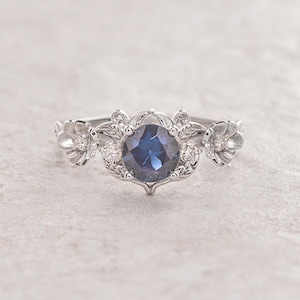 Flower Engagement Natural Sapphire Ring with Leaves & Diamonds, Nature inspired Alternative Engagement Ring, Fairy Bride Ring 14K / 18K Gold