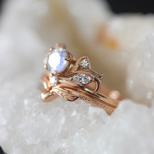 Moonstone bridal ring set, nature engagement ring, moonstone engagement ring, ring with diamonds, leaves ring, gift for her, heart ring image 3