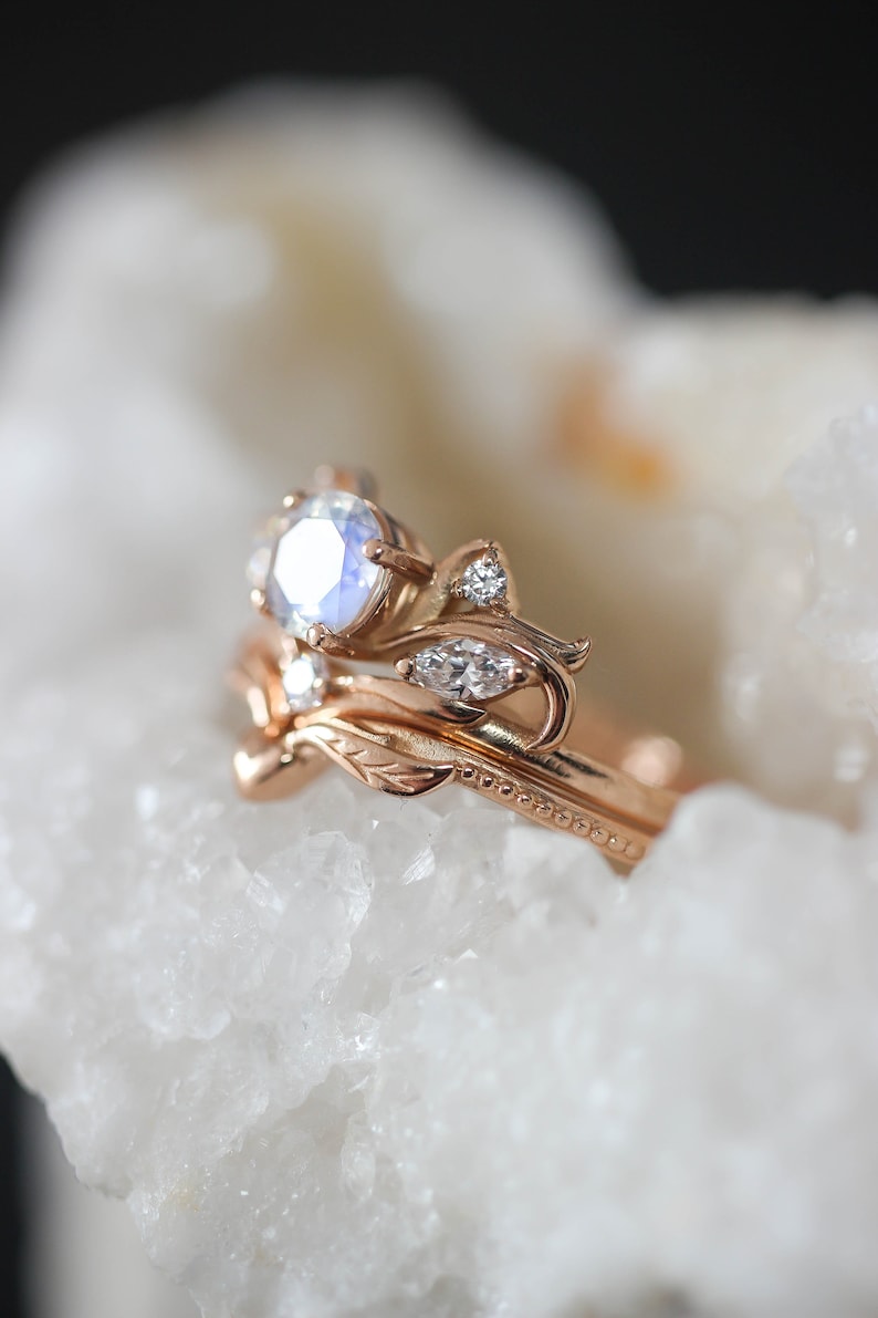 Moonstone bridal ring set, nature engagement ring, moonstone engagement ring, ring with diamonds, leaves ring, gift for her, heart ring image 3