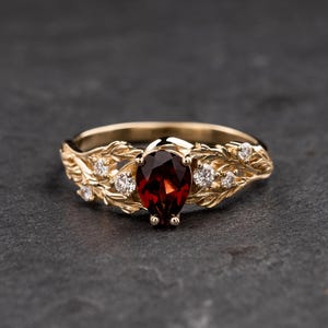 Unique Oval Garnet Engagement Ring with Diamonds - Japanese Maple Leaf Design, Nature-Inspired Bridal Jewelry in 14k or 18k Solid Gold